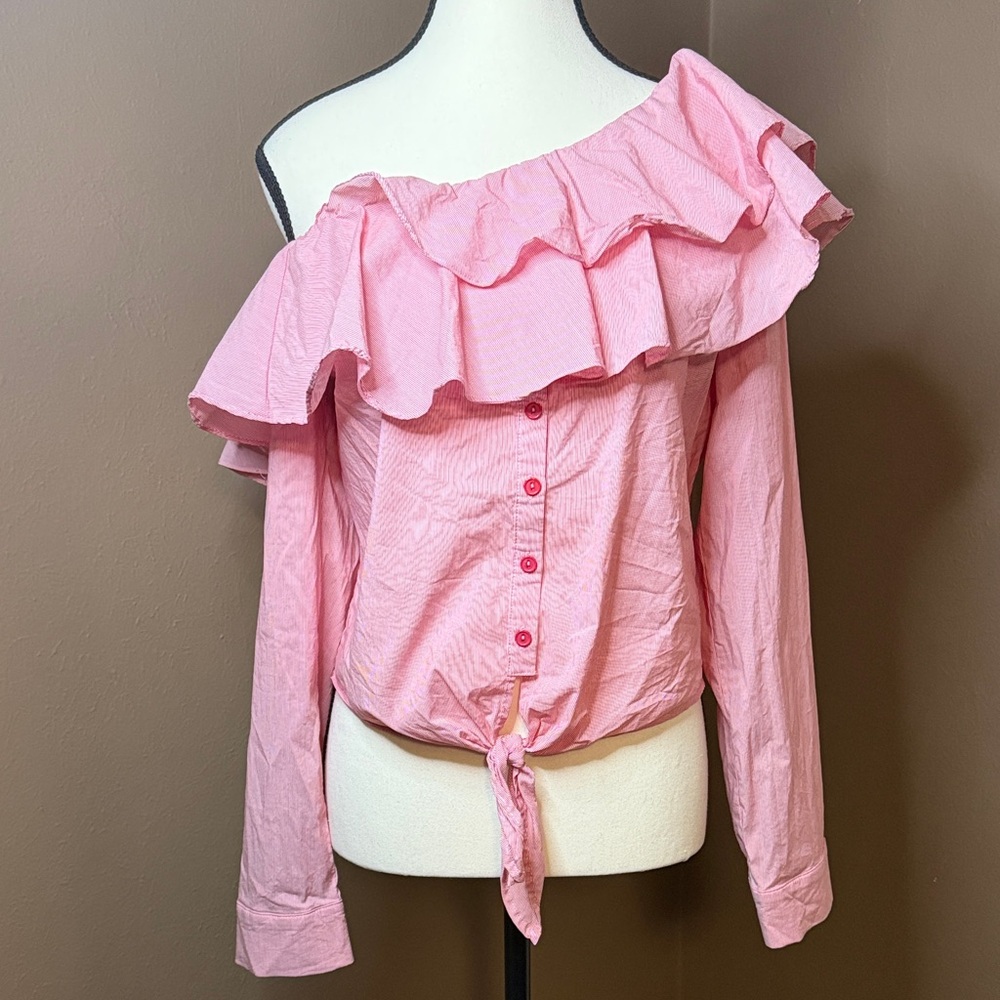 Lulumari ruffled pink off one shoulder blouse with button down front detail L